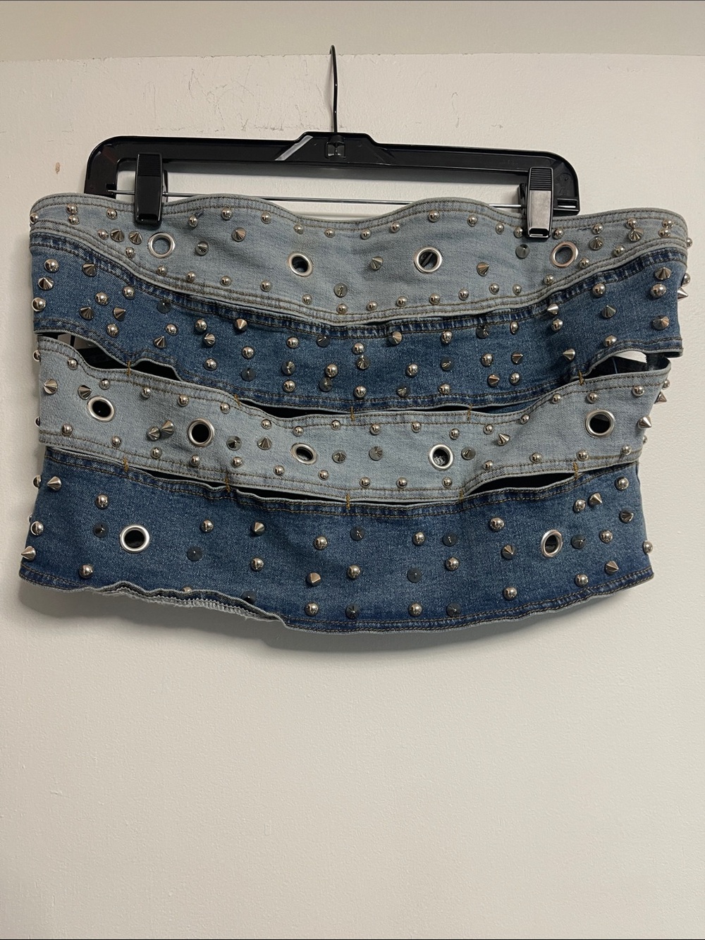 AKIRA Two-Tone Blue Studded Denim Crop Tube Top